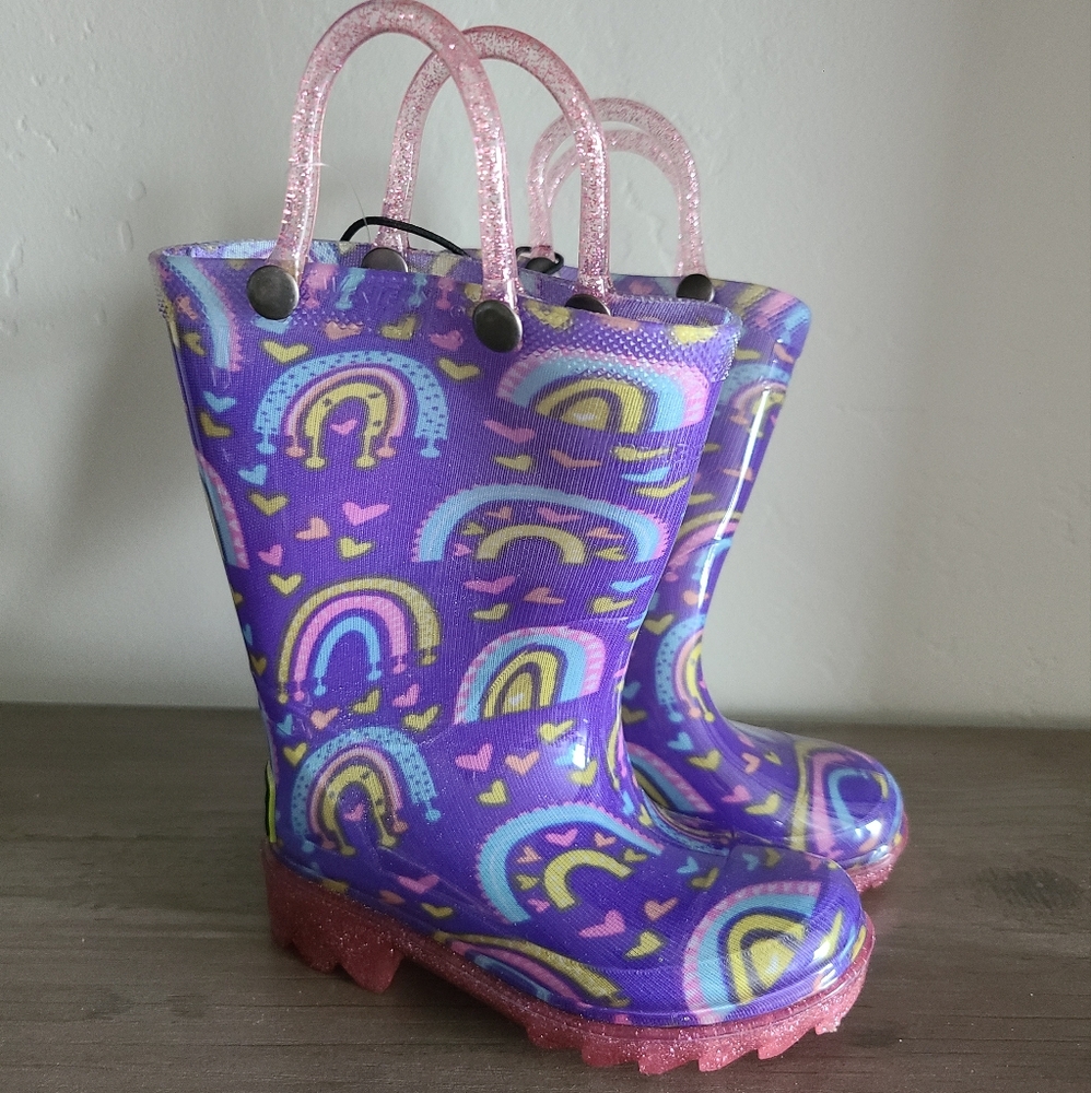 Western Chief rain boots, purple rainbow hearts glitter boots, light up Boots